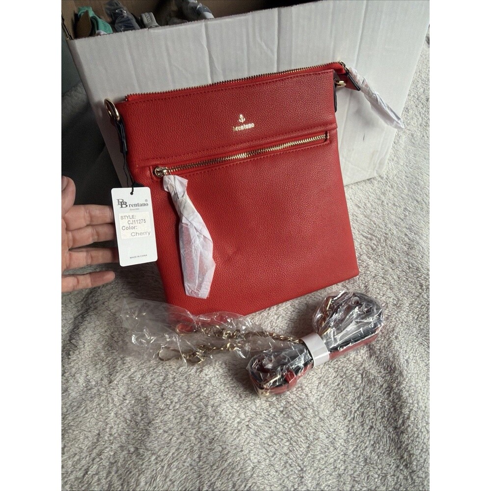 Brentano Double Zipper Square Crossbody In Cherry 9” x 9” x 1”